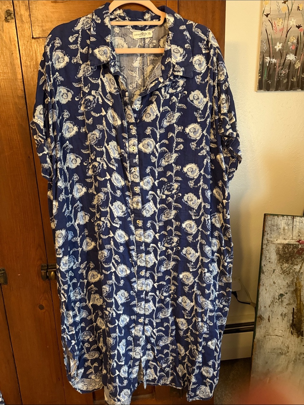 NATURAL LIFE Navy Blue Floral Button-Down Shirt Dress